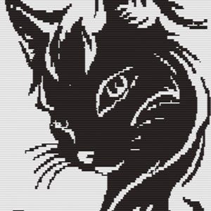 Puede incluir: Ilustración pixelada en blanco y negro de la cara de un gato de perfil. El gato tiene ojos grandes y bigotes. La palabra "Purrrr" está escrita en cursiva en la parte inferior.