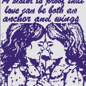 May include: A pixelated image features two stylized female figures facing each other, rendered in shades of purple and white. The text at the top reads, "A sister is proof that love can be both an anchor and wings."