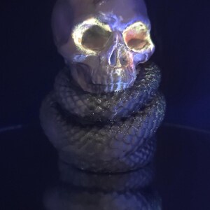 May include: A metallic skull sculpture with glowing eye sockets and a coiled snake wrapped around its base. The skull has a reflective surface, and the snake appears to be made of textured material. The sculpture is set against a dark background.