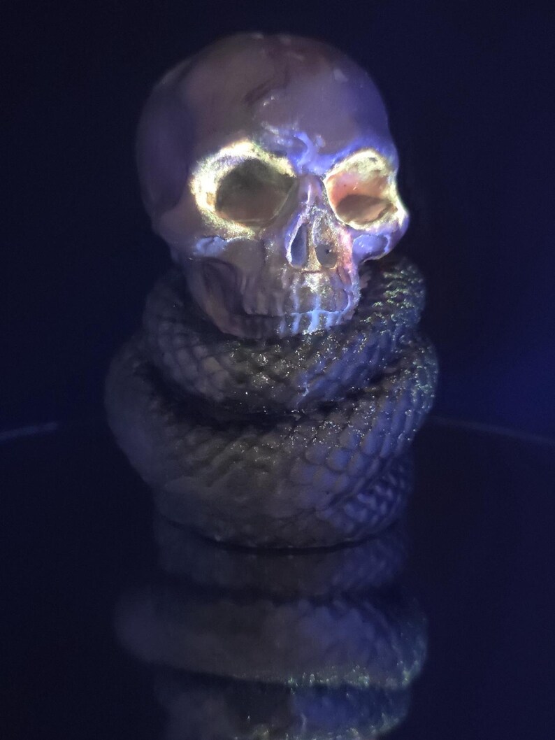 May include: A metallic skull sculpture with glowing eye sockets and a coiled snake wrapped around its base. The skull has a reflective surface, and the snake appears to be made of textured material. The sculpture is set against a dark background.