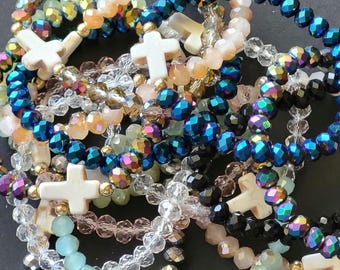 Bracelet Bundle • Colorfully Beads, Cross Charms • Stretch slip on bracelet. Assorted set of 3 bracelets