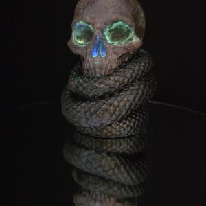 May include: A detailed sculpture of a skull with glowing green eye sockets and a blue nose, wrapped by a textured, dark snake. The sculpture is dark brown and sits on a reflective surface, creating a mirrored effect. The overall theme is gothic and macabre.