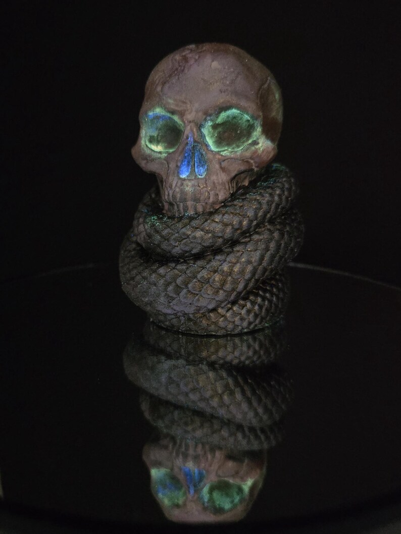 May include: A detailed sculpture of a skull with glowing green eye sockets and a blue nose, wrapped by a textured, dark snake. The sculpture is dark brown and sits on a reflective surface, creating a mirrored effect. The overall theme is gothic and macabre.