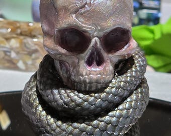 Figura de calavera gótica envuelta en serpiente – Escultura de resina ecológica – Dark Academia Decor
