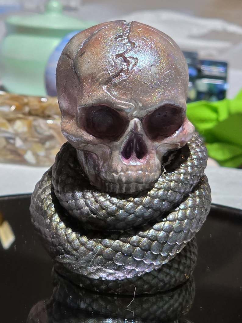 May include: A detailed sculpture of a human skull with a snake coiled around its base. The skull has a cracked surface and is painted with iridescent colors. The snake is dark gray with scale details.