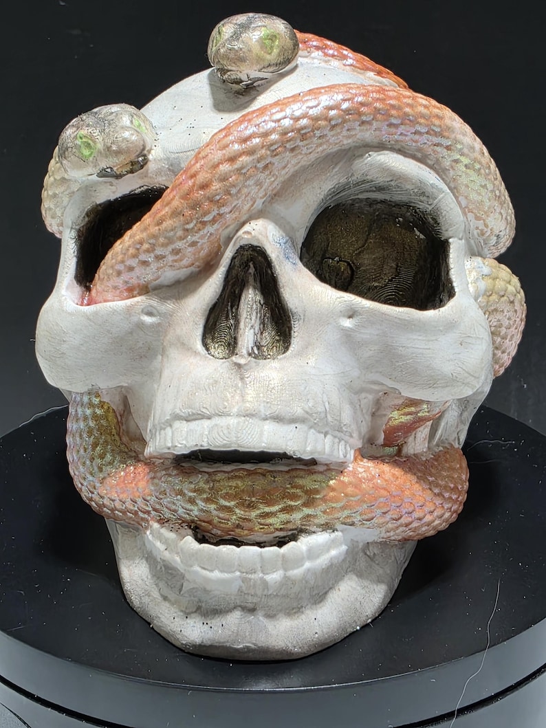 Puede incluir: Una escultura de calavera blanca con una serpiente enrollada alrededor. La serpiente es una mezcla de naranja, dorado y verde. La calavera tiene detalles, incluyendo cuencas de los ojos y cavidad nasal. La escultura est&aacute; sobre una superficie negra.