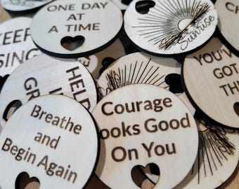 Encouraging Pocket Hugs – Set of 25 Laser Engraved Tokens, Custom Inspirational Coins, Ministry & Business Favors, Sunrise Design
