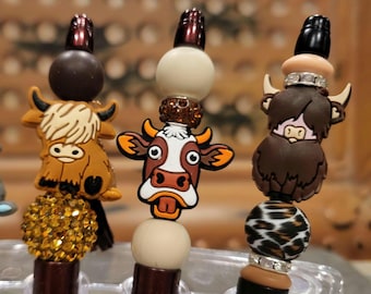 Pen Highland Cow, Beaded Pens with Tassels, Cow Lover Gift
