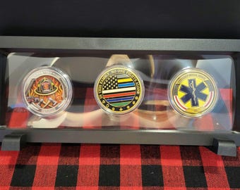 Challenge Coin Set First Responders – Police, Fire, EMS Tribute Gift With display case