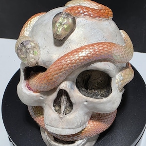 Puede incluir: Una escultura de calavera blanca con una serpiente naranja y dorada enrollada alrededor. La calavera tiene cuencas oscuras. La escultura est&aacute; sobre una base negra.