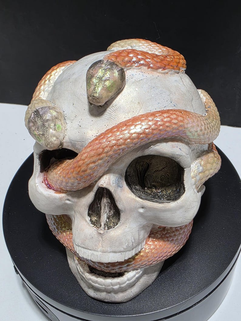 Puede incluir: Una escultura de calavera blanca con una serpiente naranja y dorada enrollada alrededor. La calavera tiene cuencas oscuras. La escultura est&aacute; sobre una base negra.