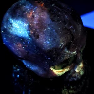 May include: A glowing, iridescent skull with a dark background. The skull has a blue and purple color scheme with flecks of white and orange. The jawline is highlighted with yellow and orange.