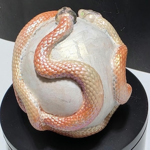 Puede incluir: Una escultura de una esfera blanca con dos serpientes enrolladas alrededor. Las serpientes tienen escamas iridiscentes en tonos naranja, rosa y dorado. La escultura est&aacute; sobre una base negra.