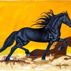 Majestic Black Horse Oil Painting | Wild Stallion Art | Equestrian Wall Decor | Bold Animal Canvas | Modern Western Home Decor