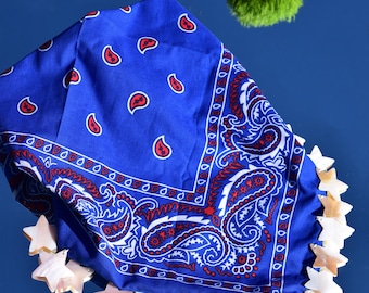 Blue, White and Red Bandana with White Natural Mother of Pearl Star Shells | Shell Trim Bandana Scarf | Statement Accessories
