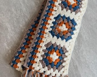 Handmade Crochet Granny Square Scarf, Boho Tassel Neck Blanket
