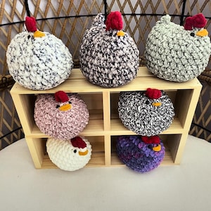 May include: A set of eight crocheted chicken plushies in various colors, including white, black, pink, purple, and green. The plushies are displayed on a wooden shelf with individual compartments.