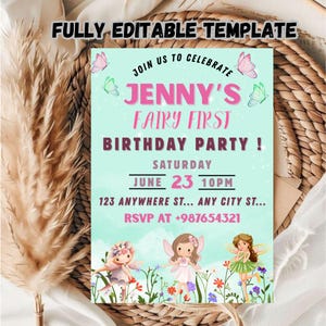 Editable Fairy first birthday Party Invitation Template / Fairy Frist Birthday Invitation Template / Editable Kids first Birthday Invitation