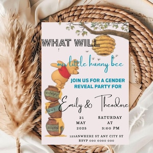 Editable Winnie the Pooh Gender Reveal Party Invitation Template ( 5x7 ) Digital downloadable Product