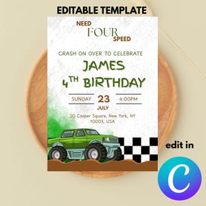 Editable Monster Truck Birthday Invitation Template / Editable Racing truck Birthday Invitation Template / Monster Truck Birthday Invitation