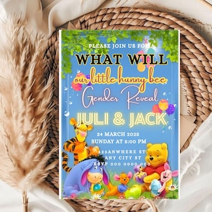Editable Winnie the Pooh Gender Reveal Party Invitation Template (  5x7 ) Digital Downloadable Product