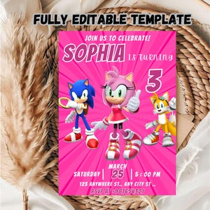 Plantilla de invitación de cumpleaños de Sonic editable para fiesta de cumpleaños de niña / Plantilla de invitación de fiesta de cumpleaños de niña / Plantilla editable