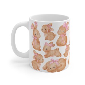 Cute Coquette Bunny Mug with Pink Bows | Easter Bunny Coffee Cup | Pastel Bunny Lover Gift | Girly Aesthetic Tea Mug | Spring Mug Gift