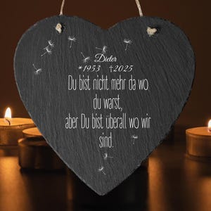 Memorial plaque for grave in heart shape, stone slab with engraving, stone for grave decoration, grave decoration made of slate natural stone with mourning saying