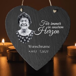 Memorial plaque for grave in heart shape, stone slab with engraving, stone for grave decoration, grave decoration made of slate natural stone with mourning saying