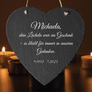Memorial plaque for grave in heart shape, stone slab with engraving, stone for grave decoration, grave decoration made of slate natural stone with mourning saying