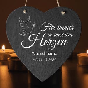 Memorial plaque for grave in heart shape, stone slab with engraving, stone for grave decoration, grave decoration made of slate natural stone with mourning saying