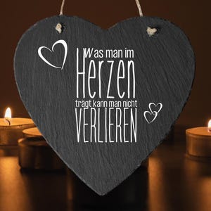 Memorial plaque for grave in heart shape, stone slab with engraving, stone for grave decoration, grave decoration made of slate natural stone with mourning saying