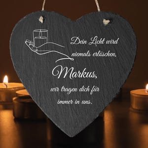 Memorial plaque for grave in heart shape, stone slab with engraving, stone for grave decoration, grave decoration made of slate natural stone with mourning saying