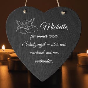 Memorial plaque for grave in heart shape, stone slab with engraving, stone for grave decoration, grave decoration made of slate natural stone with mourning saying