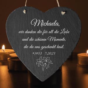 Memorial plaque for grave in heart shape, stone slab with engraving, stone for grave decoration, grave decoration made of slate natural stone with mourning saying