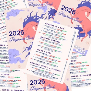 May include: A stack of 2026 Beginner Card game cards. The cards have a light beige background with red and blue graphics, including a horse and clouds. Text includes game instructions and rules.
