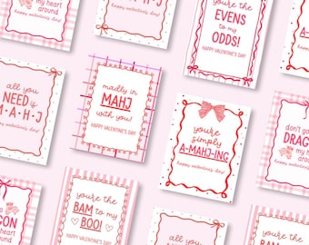 Printable mahjong themed valentines for mahjong lovers | Mahjong instructor Valentine's Day cards | Printable mahjong Galentine's Day Cards