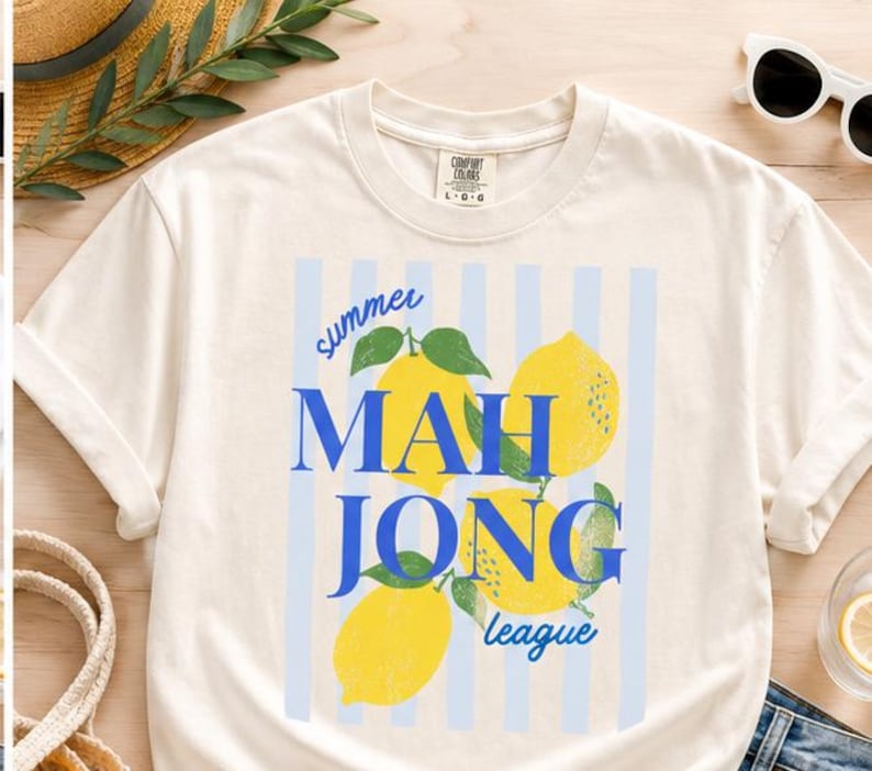 Mahjong Lemon Striped Summer League T-shirt, Bright Cute Mahj Top Ivory