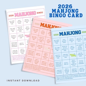 May include: Three colorful 2026 Mahjong Bingo cards with various challenges and tasks. The cards are pink, white, and blue, with the words "Mahjong Bingo" prominently displayed.