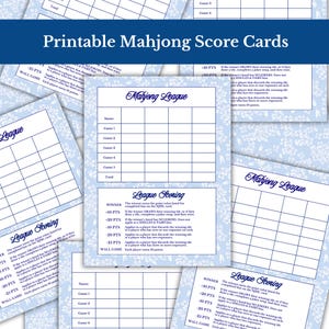 May include: A collection of printable Mahjong score cards featuring a light blue floral background. Each card includes a Mahjong League header, a grid for tracking names and game scores, and a section titled League Scoring with point values.