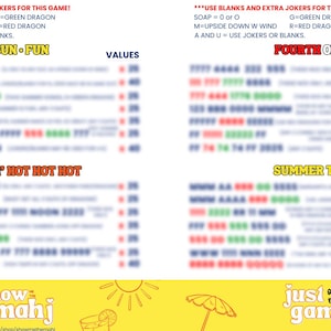 Puede incluir: Un tablero de juego con t&iacute;tulos de verano como "Sun Fun" y "Fourth of July". El tablero incluye instrucciones y tablas de valores. La parte inferior presenta el texto "show mahj" y "just one more game".