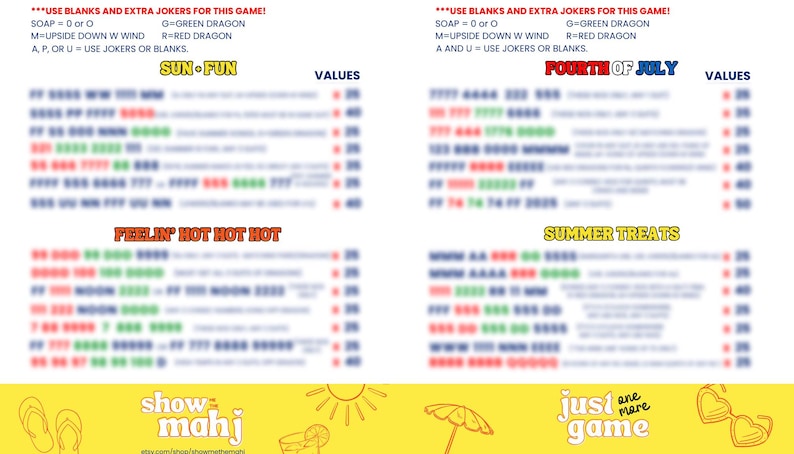 Puede incluir: Un tablero de juego con t&iacute;tulos de verano como "Sun Fun" y "Fourth of July". El tablero incluye instrucciones y tablas de valores. La parte inferior presenta el texto "show mahj" y "just one more game".
