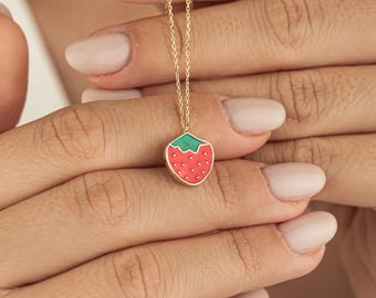 14K Solid Gold Strawberry Necklace – Enamel Fruit Pendant, Dainty Summer Jewelry