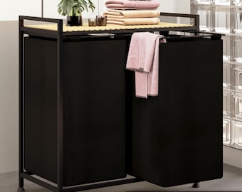 Black 2-Compartment Laundry Basket with Shelf: Metal Frame, 123-Liter