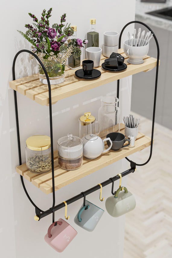 Mensole Da Parete In Legno E MetallO - Scaffale Per Bagno, Cucina O Soggiorno - Foto 4