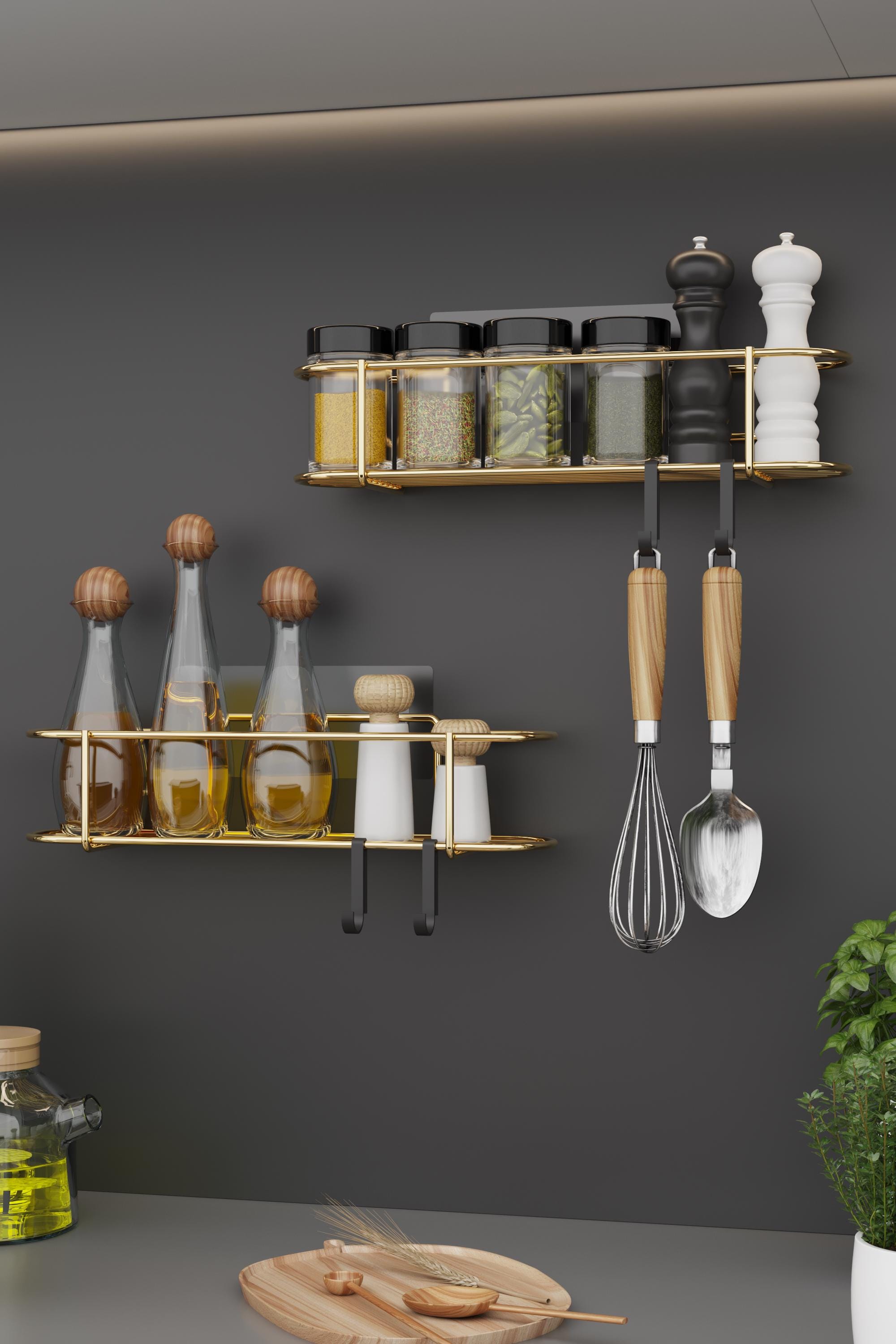 Set of 2 Gold Metal Spice Racks: Wall Mounted, No Drill