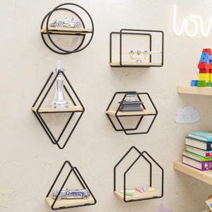 Set of 6 Wooden Wall Shelves: Modern Floating Shelves, Metal Rack