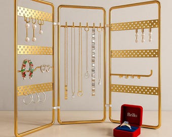 Expositor de joyas dorado de 3 piezas: organizador de joyas, expositor minimalista para collares, pendientes, anillos y pulseras.
