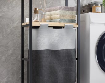 2-Tier Laundry Basket with Pine Shelves: Foldable Fabric Hamper