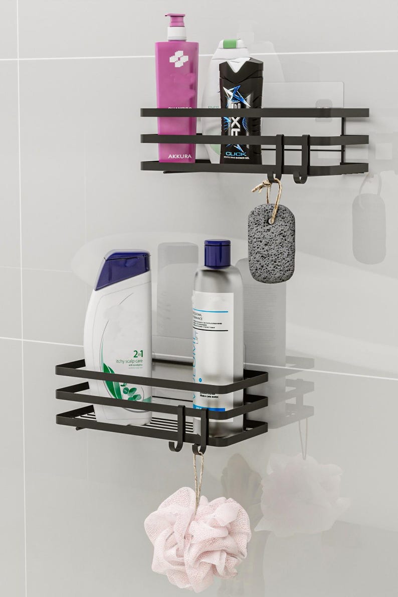 Black Stainless Steel Bathroom Shelf Set: No-drill Shower Organizer ...